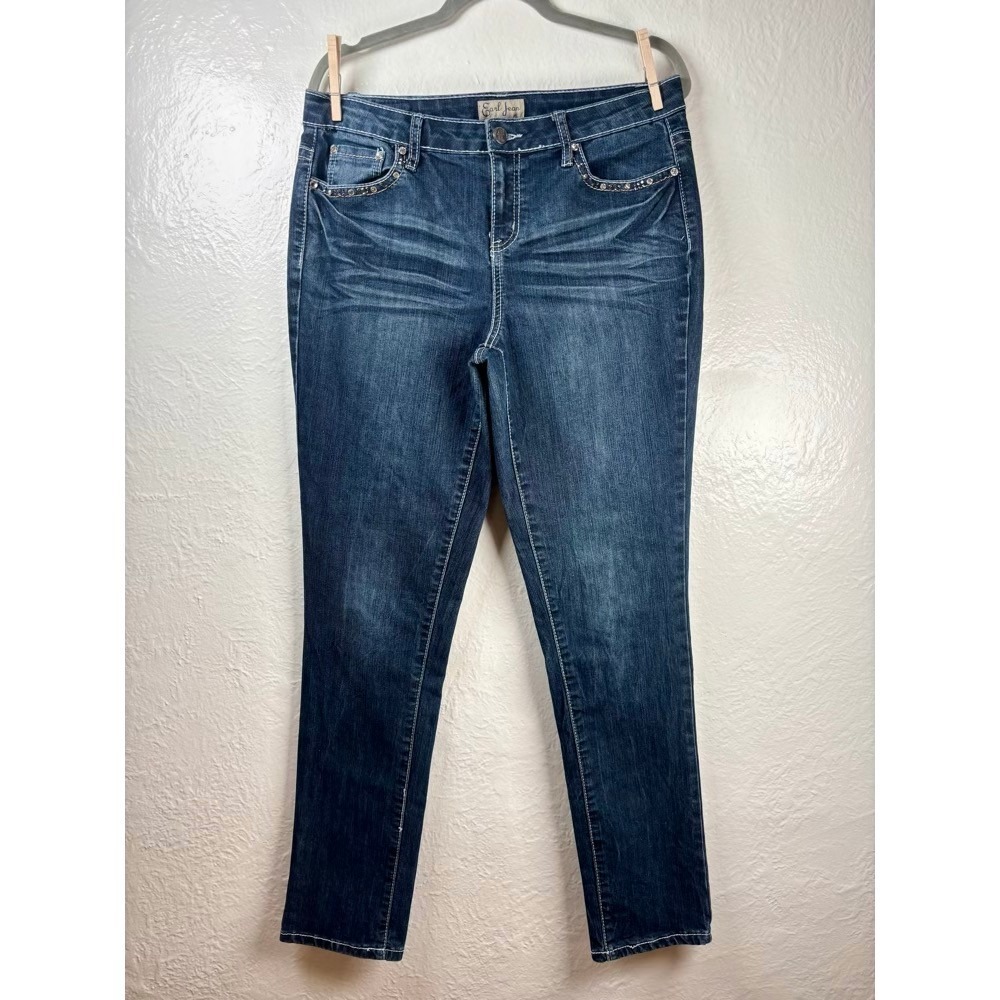 Earl Jean Straight Leg Denim Dark Wash 12 Rhinestone Cross Embellished McBling
